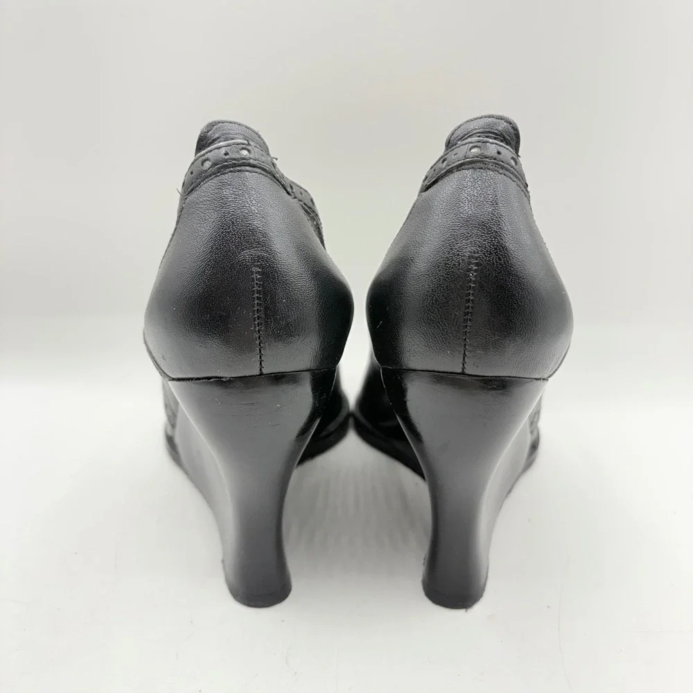 Franco Sarto Black Leather Peep Toe Wedge Mary Jane‎ Heels Brogue Detail Size 9M